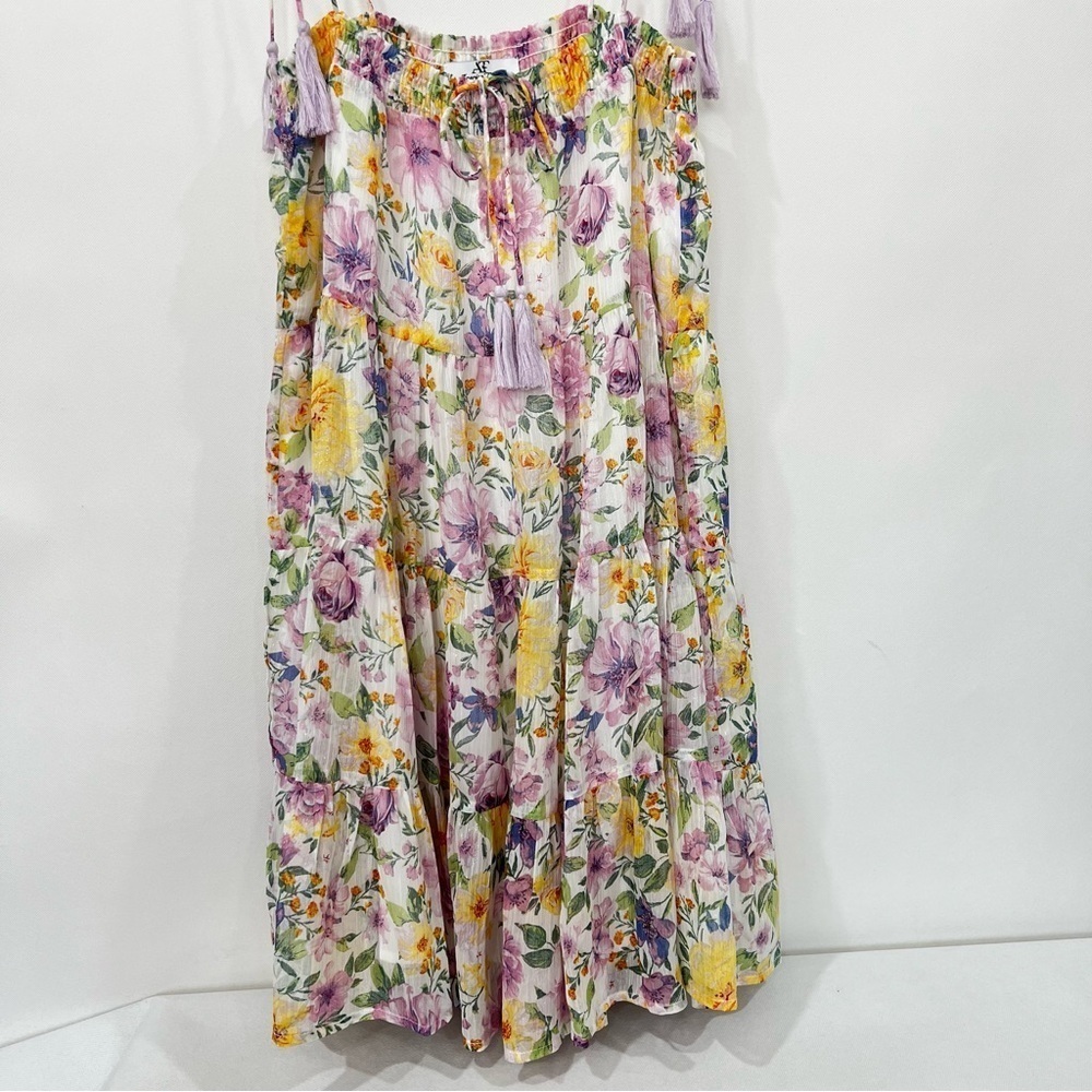 Floral Tassel Tie Mini Dress Multicolored Sheer Lined Tiered Shimmery - Picture 10 of 14